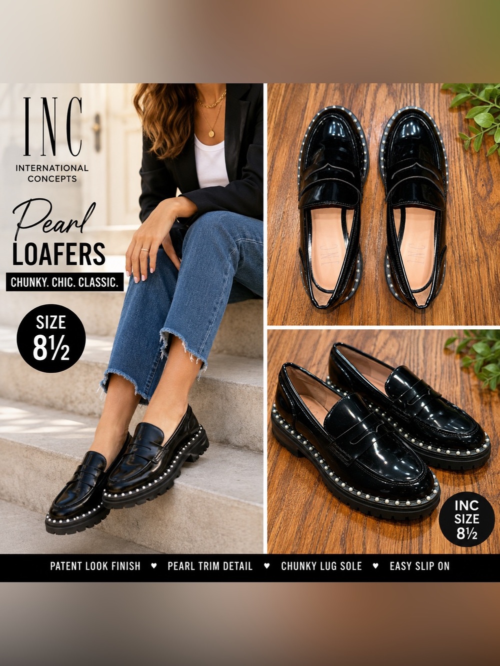 INC International Concepts Black Patent Pearl Lug Sole Loafers Size 8.5